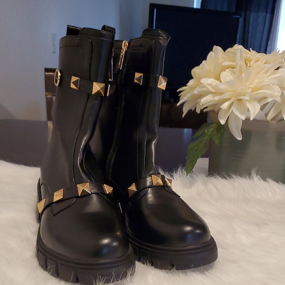Women Black Studded Combat Boots